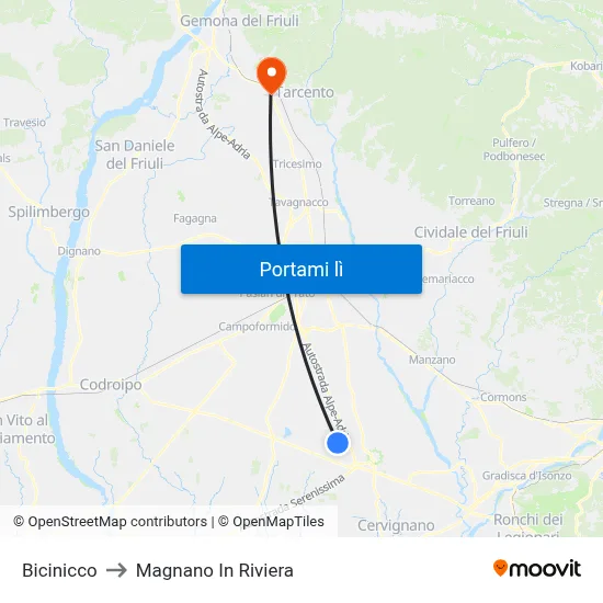 Bicinicco to Magnano In Riviera map
