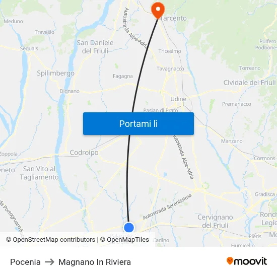 Pocenia to Magnano In Riviera map