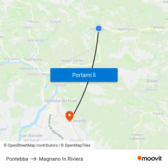 Pontebba to Magnano In Riviera map