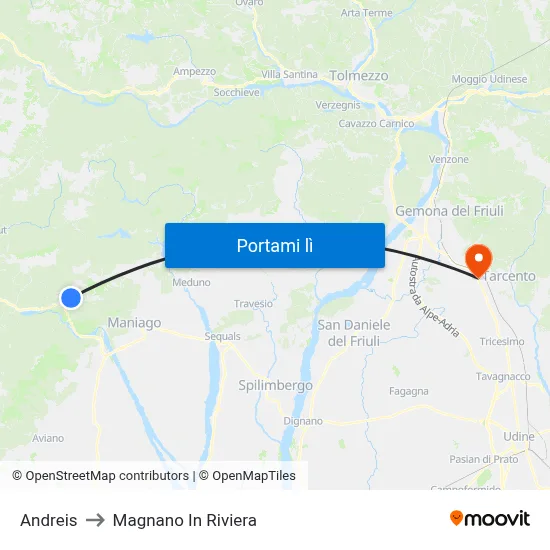 Andreis to Magnano In Riviera map