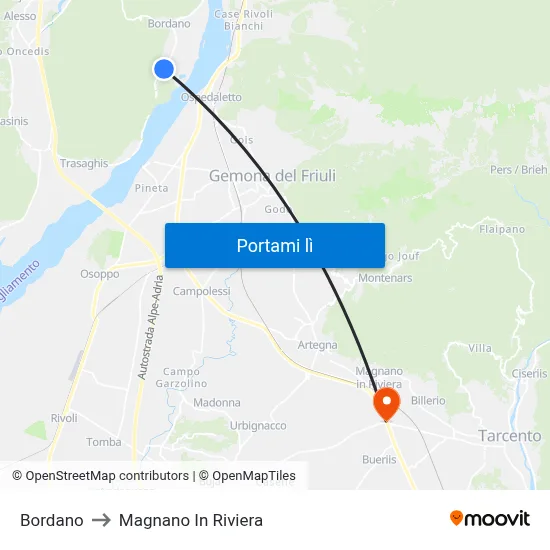 Bordano to Magnano In Riviera map