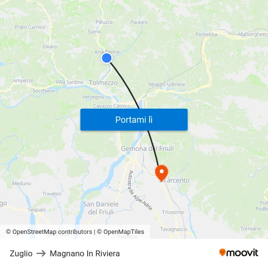 Zuglio to Magnano In Riviera map