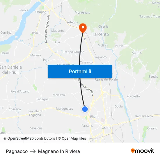Pagnacco to Magnano In Riviera map