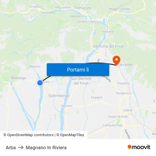 Arba to Magnano In Riviera map