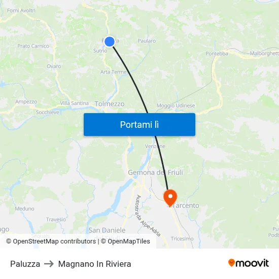 Paluzza to Magnano In Riviera map