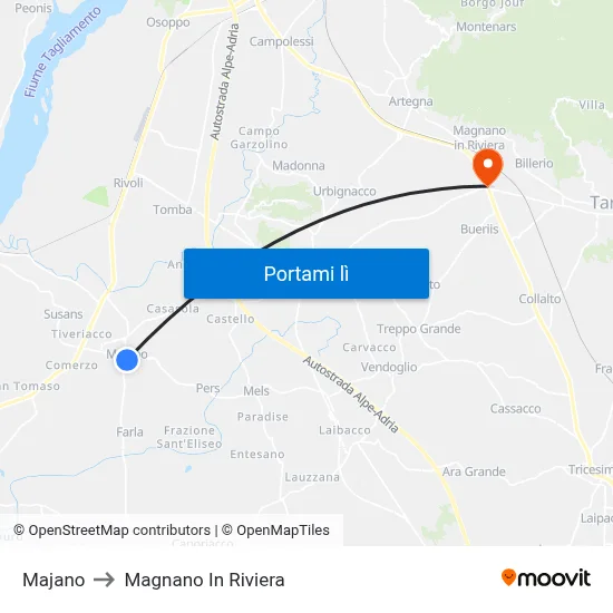Majano to Magnano In Riviera map