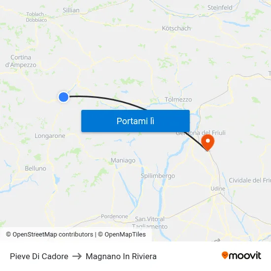 Pieve Di Cadore to Magnano In Riviera map