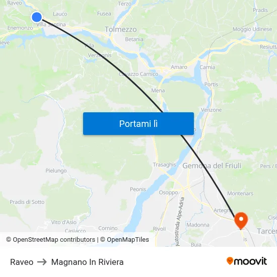 Raveo to Magnano In Riviera map