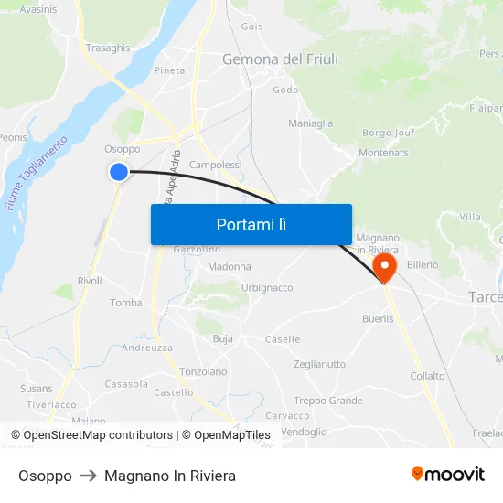 Osoppo to Magnano In Riviera map