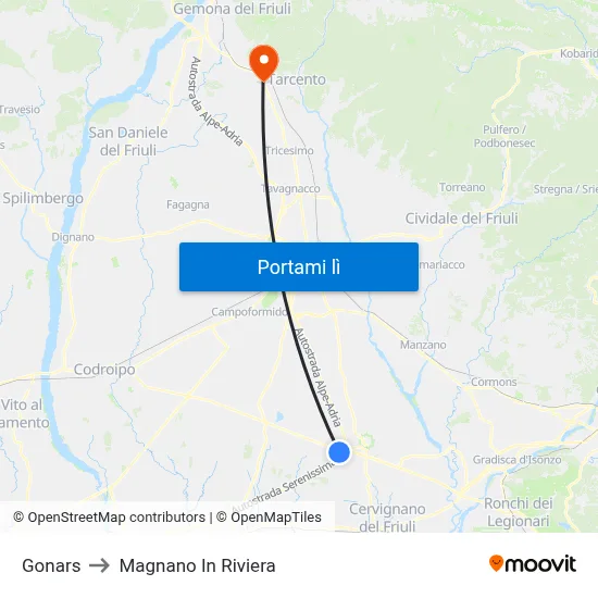 Gonars to Magnano In Riviera map