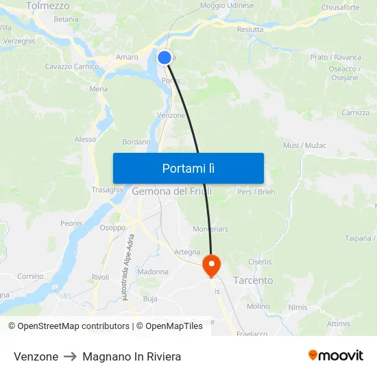 Venzone to Magnano In Riviera map