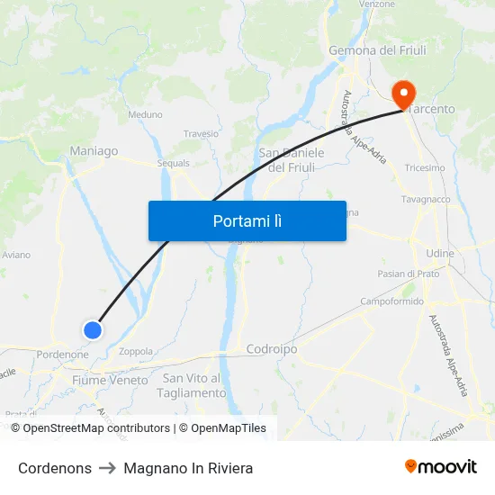 Cordenons to Magnano In Riviera map