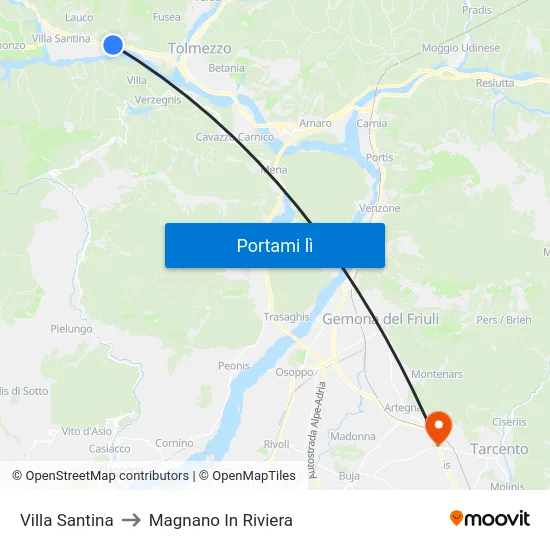 Villa Santina to Magnano In Riviera map