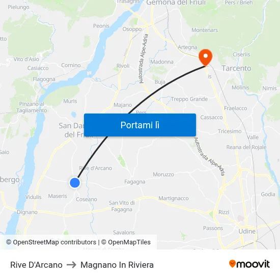 Rive D'Arcano to Magnano In Riviera map
