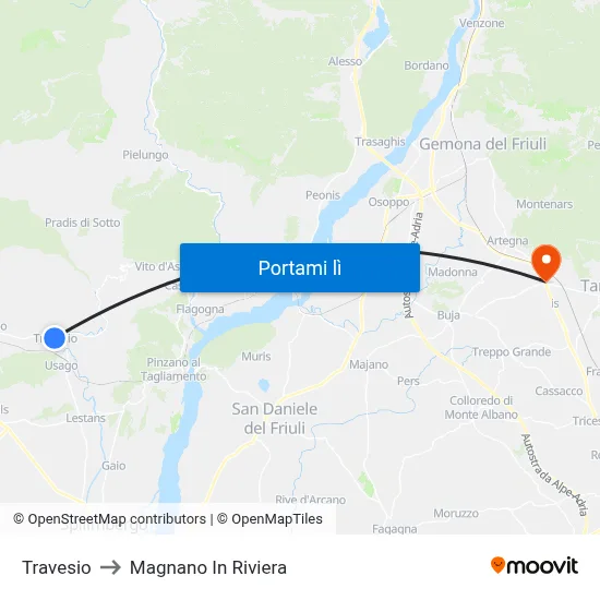 Travesio to Magnano In Riviera map
