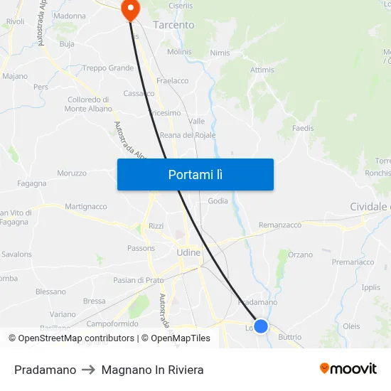 Pradamano to Magnano In Riviera map