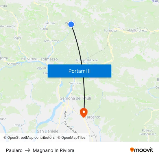 Paularo to Magnano In Riviera map
