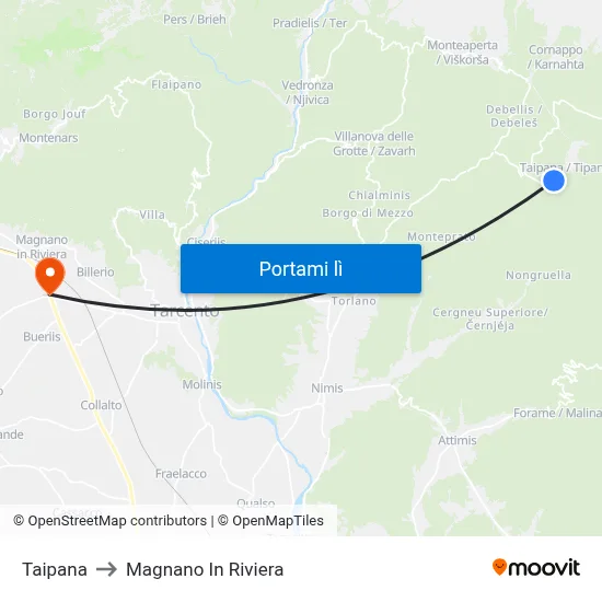 Taipana to Magnano In Riviera map