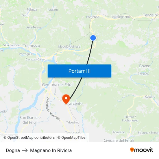 Dogna to Magnano In Riviera map