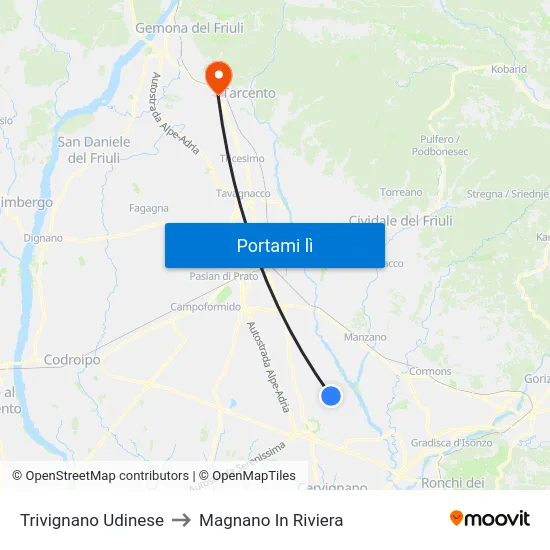 Trivignano Udinese to Magnano In Riviera map