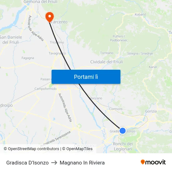 Gradisca D'Isonzo to Magnano In Riviera map
