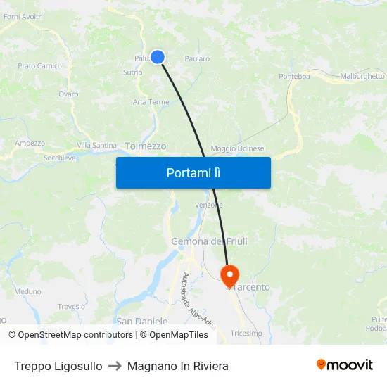 Treppo Ligosullo to Magnano In Riviera map