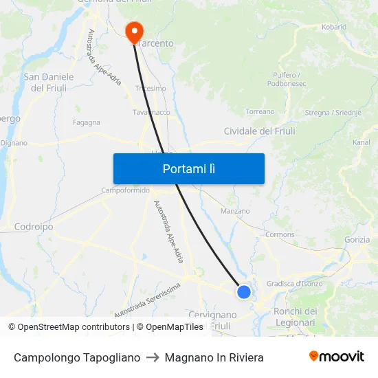 Campolongo Tapogliano to Magnano In Riviera map