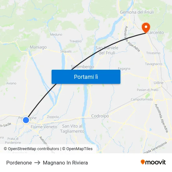 Pordenone to Magnano In Riviera map