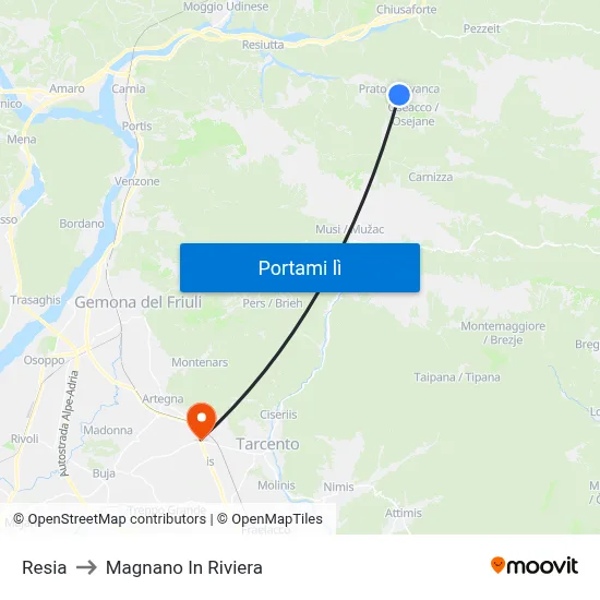 Resia to Magnano In Riviera map