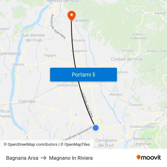 Bagnaria Arsa to Magnano In Riviera map