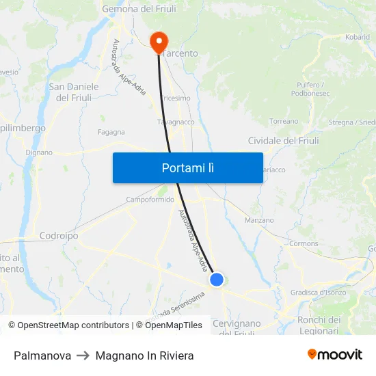 Palmanova to Magnano In Riviera map