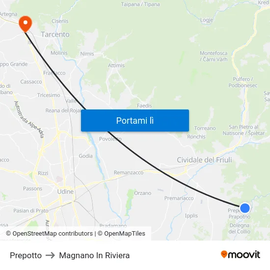 Prepotto to Magnano In Riviera map