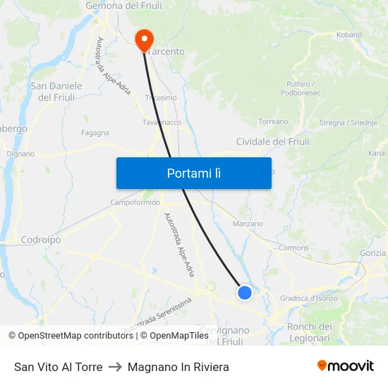 San Vito Al Torre to Magnano In Riviera map