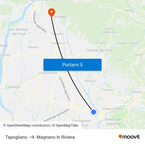 Tapogliano to Magnano In Riviera map