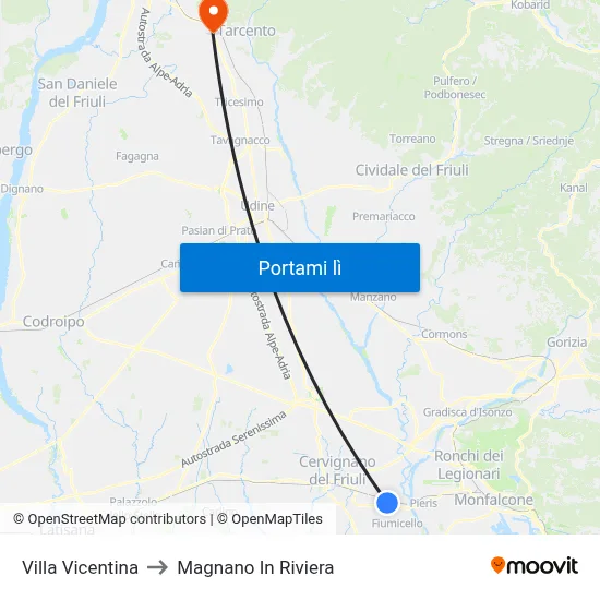 Villa Vicentina to Magnano In Riviera map