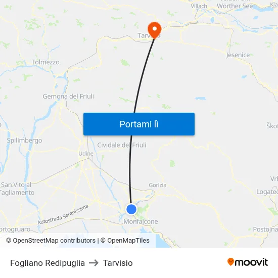 Fogliano Redipuglia to Tarvisio map