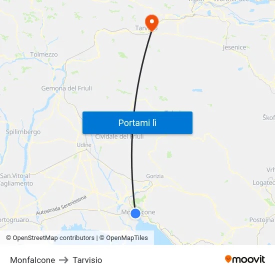 Monfalcone to Tarvisio map