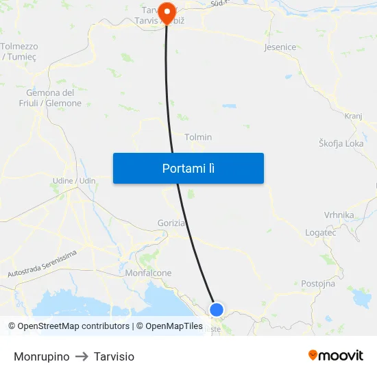 Monrupino to Tarvisio map