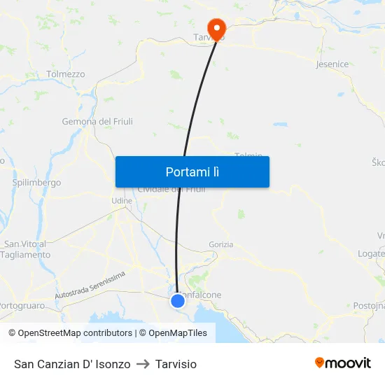 San Canzian D' Isonzo to Tarvisio map