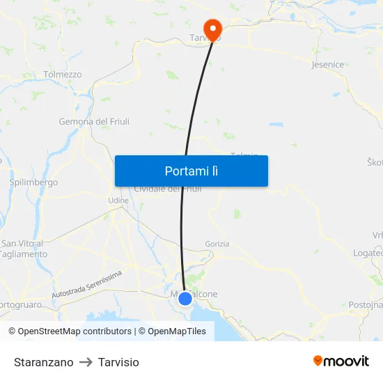 Staranzano to Tarvisio map