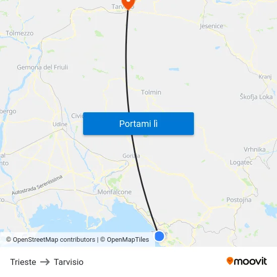 Trieste to Tarvisio map