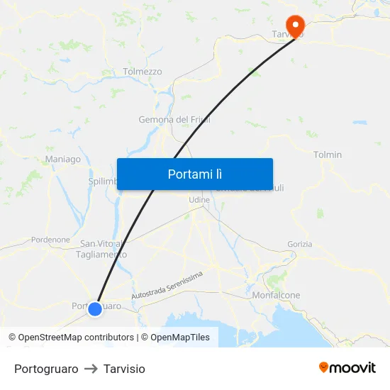 Portogruaro to Tarvisio map
