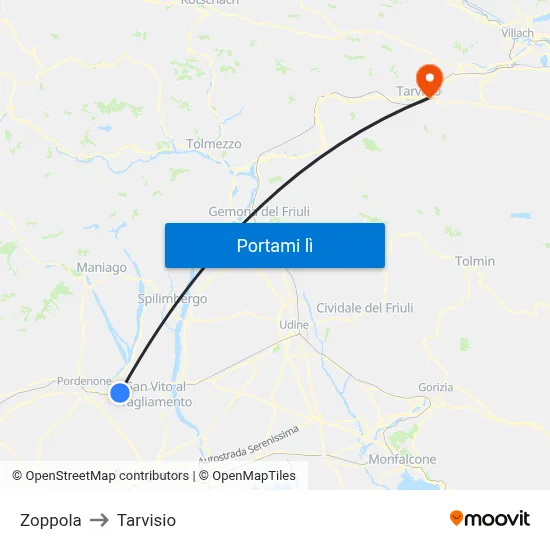 Zoppola to Tarvisio map