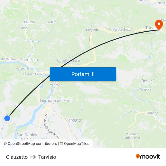 Clauzetto to Tarvisio map