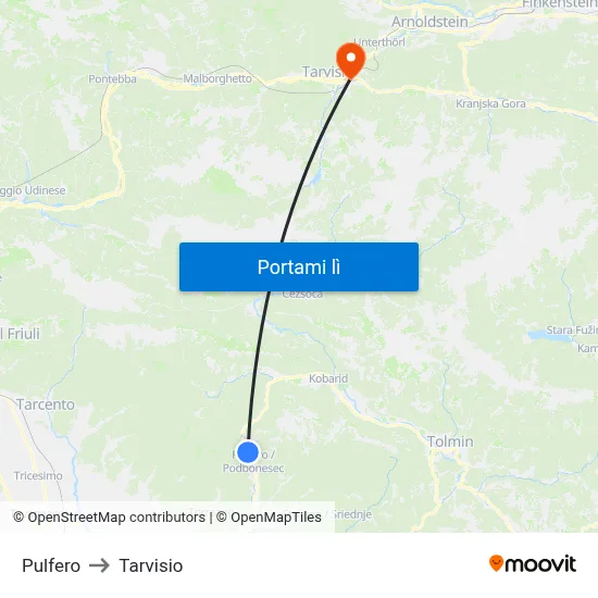 Pulfero to Tarvisio map