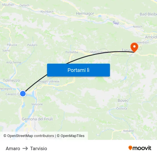 Amaro to Tarvisio map