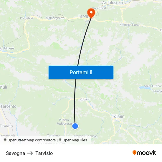 Savogna to Tarvisio map