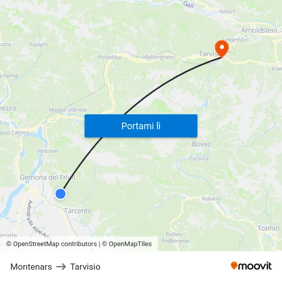 Montenars to Tarvisio map