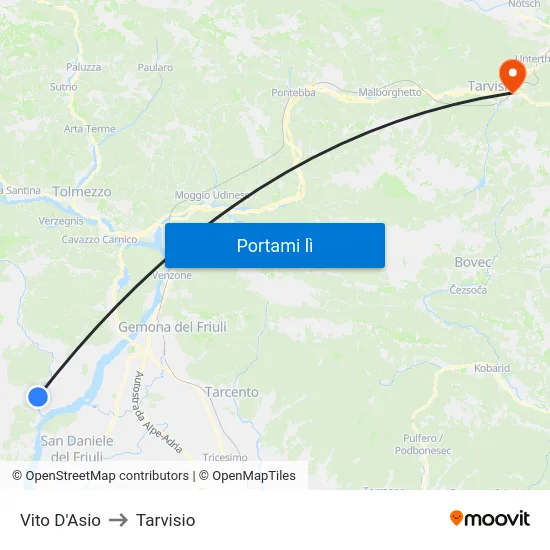 Vito D'Asio to Tarvisio map