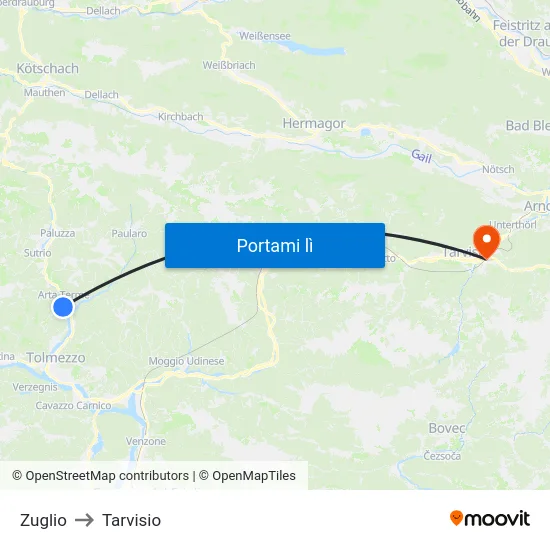 Zuglio to Tarvisio map